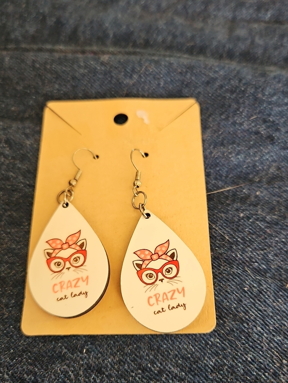 Nwt Handmade  Cute White & Pink 'Crazy Cat Lady' Teardrop Earrings